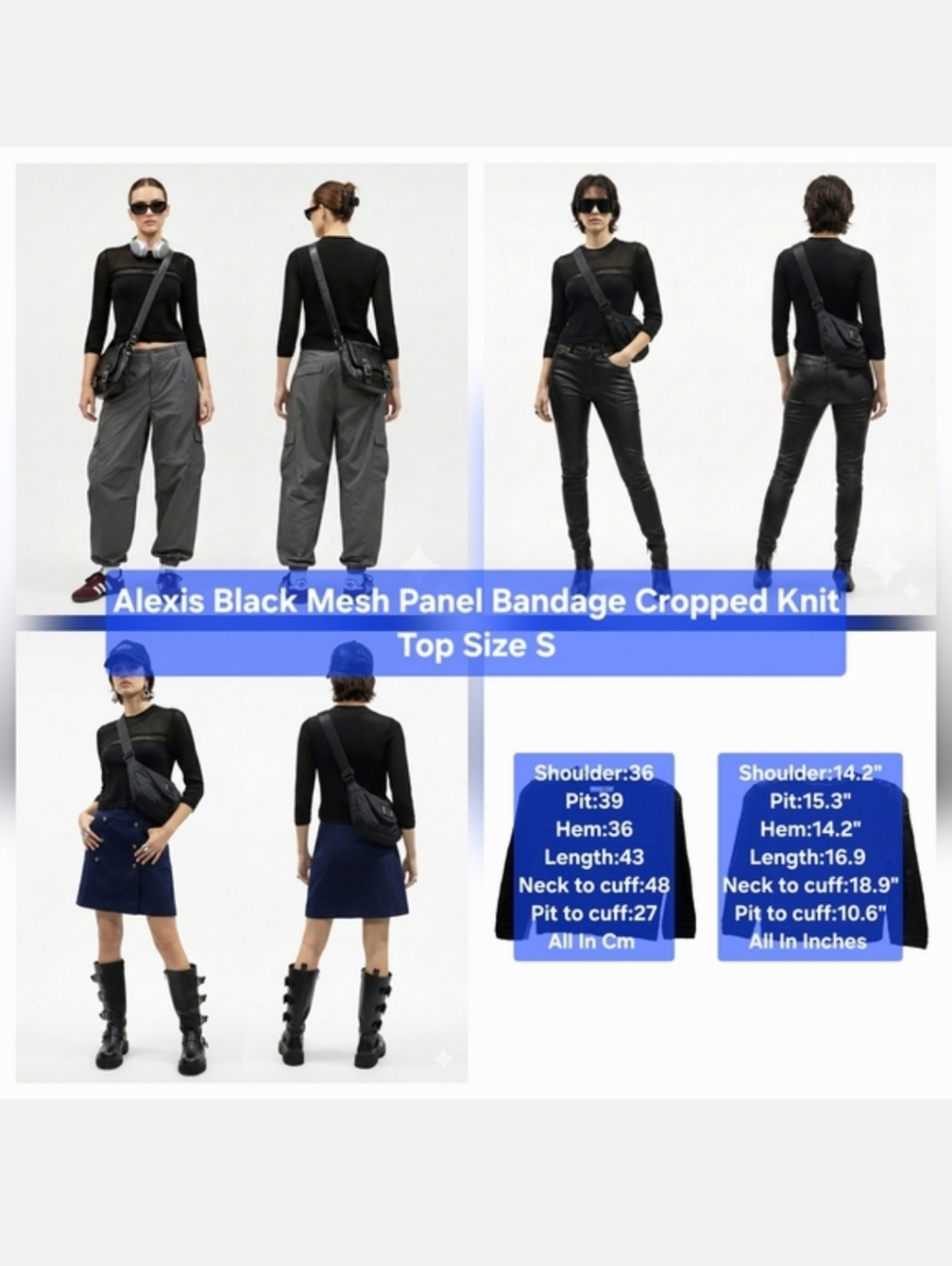 Alexis Black Mesh Panel Bandage Cropped Knit Top Size S